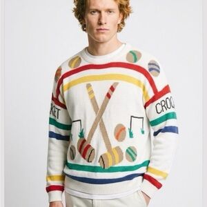 Vintage Colorful Croquet Knit Sweater Striped Red Yellow Green Blue Size M